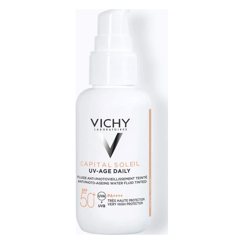 Vichy Sonnenpflege-Flasche mit Pumpmechanismus, schützende Formel mit SPF 50, helles Design, Anti-Aging Eigenschaften.