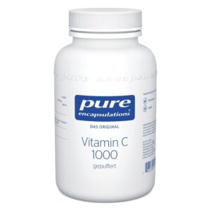 Weißer Behälter mit Deckel, enthält gepuffertes Vitamin C 1000 von Pure Encapsulations.