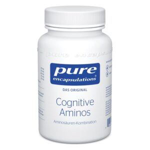 Weißer Kunststoffbehälter mit blauer Schrift, der die Bezeichnung 'Cognitive Aminos' trägt. Für eine Aminosäuren-Kombination.