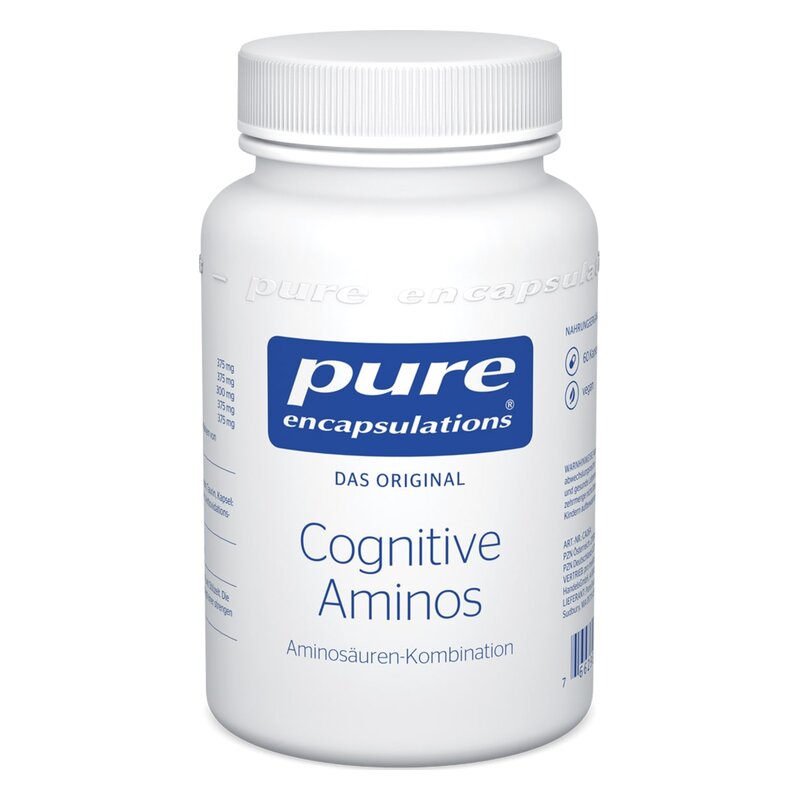 Weißer Kunststoffbehälter mit blauer Schrift, der die Bezeichnung 'Cognitive Aminos' trägt. Für eine Aminosäuren-Kombination.