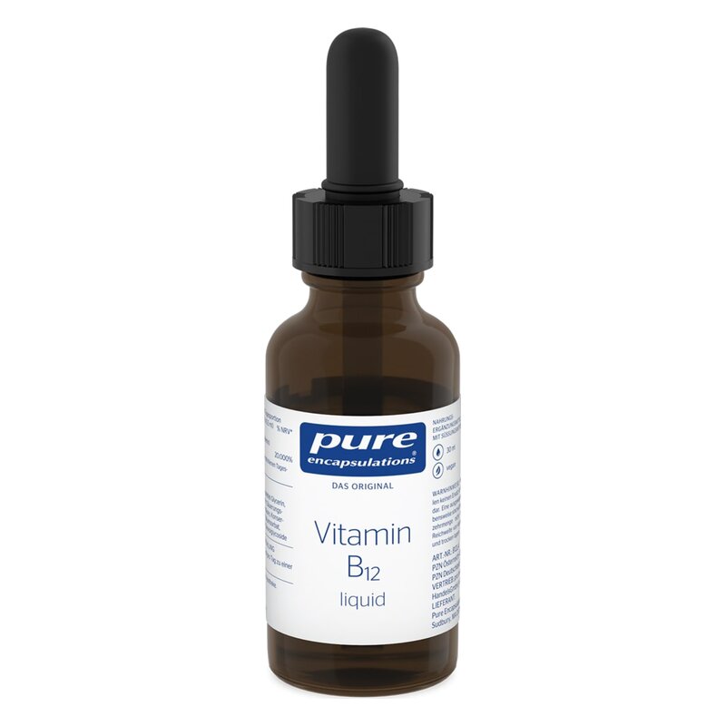 Braune Glasflasche mit schwarzer Pipette, enthält flüssiges Vitamin B12 mit Etikett von Pure Encapsulations.