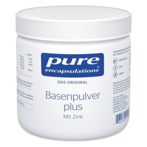 Weißer Kunststoffbehälter mit Schraubverschluss, enthält Basenpulver mit Zink, kennzeichnet vegane Inhaltsstoffe.