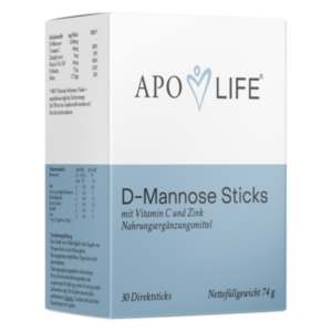 Verpackung von D-Mannose Sticks mit Vitamin C und Zink in einer blauen Box, enthält Nahrungsergänzungsmittel.