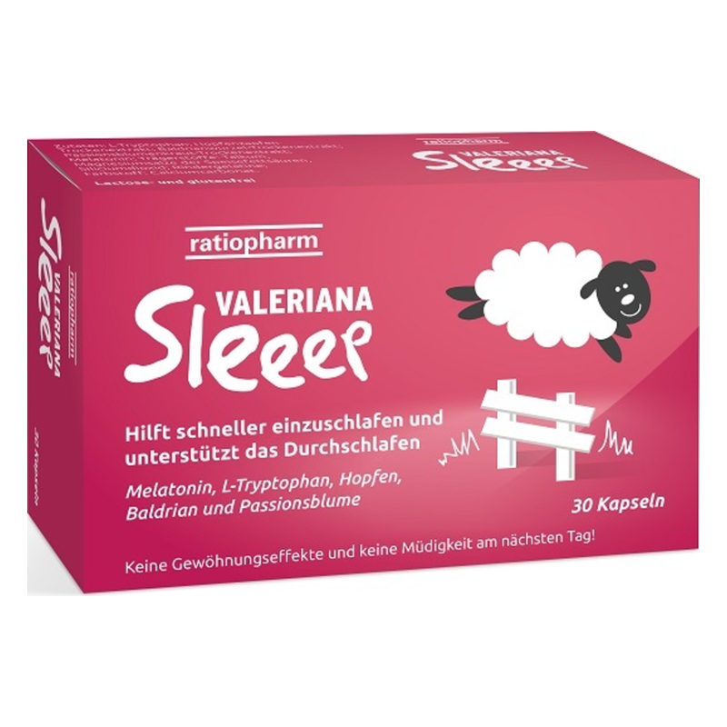 Verpackung von VALERIANA Sleeep mit einem Schaf-Symbol und Informationen zur Unterstützung des Schlafs.