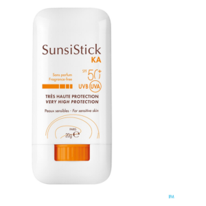 Sunscreen Stick mit hoher Lichtschutzfaktor-Labelierung und orangefarbenem Drehverschluss, für sensible Haut geeignet.