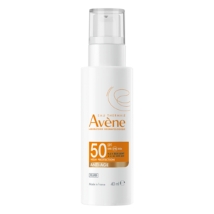 Flasche mit Sonnencreme von Avène, 50 SPF, für hohe UV-Schutz und Anti-Aging-Effekte, 40 ml Inhalt.