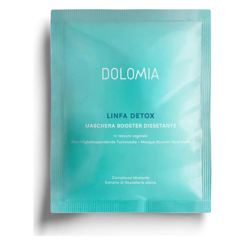 Packung mit einer feuchtigkeitsspendenden Tuchmaske namens Linfa Detox von Dolomia in hellem Blau.