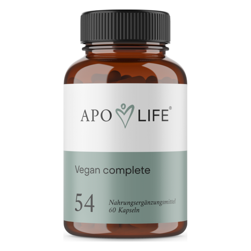 Braunglasflasche mit schwarzem Deckel, enthält vegane Nahrungsergänzungsmittel in Kapselform, Etikett mit Produktname und Nährwertangaben.