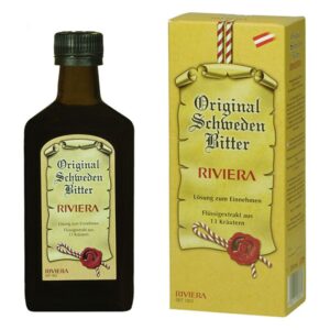 Flasche mit Original Schweden Bitter von Riviera, verpackt in einer gelben Box mit Zutatene Informationen.