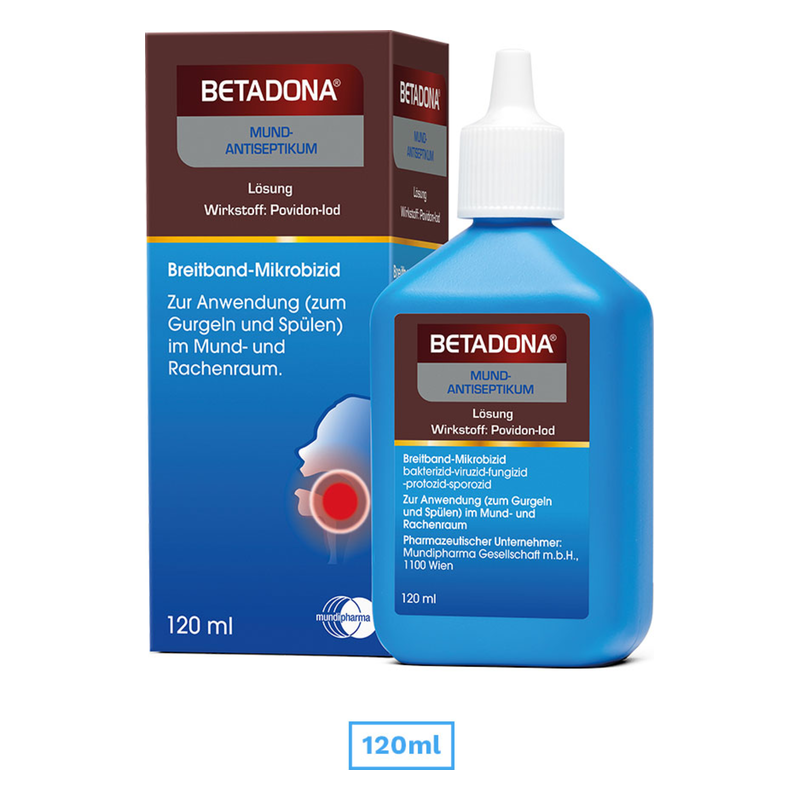 BETADONA Mundspülung in blauer Flasche mit Informationen zur Anwendung und Wirkstoff auf der Verpackung.