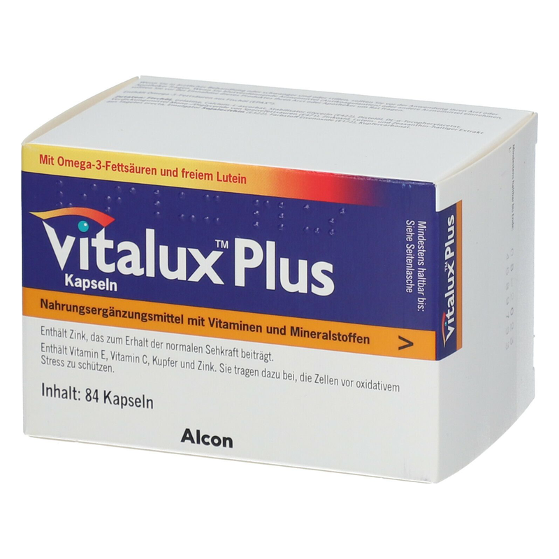 Verpackung von Vitalux Plus Kapseln, einem Nahrungsergänzungsmittel mit Vitaminen und Mineralstoffen.