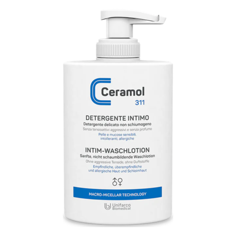 Verpackung einer Intimwaschlösung in einem weißen Pumpbehälter mit blauen Schriftzügen und Informationen zur Anwendung.