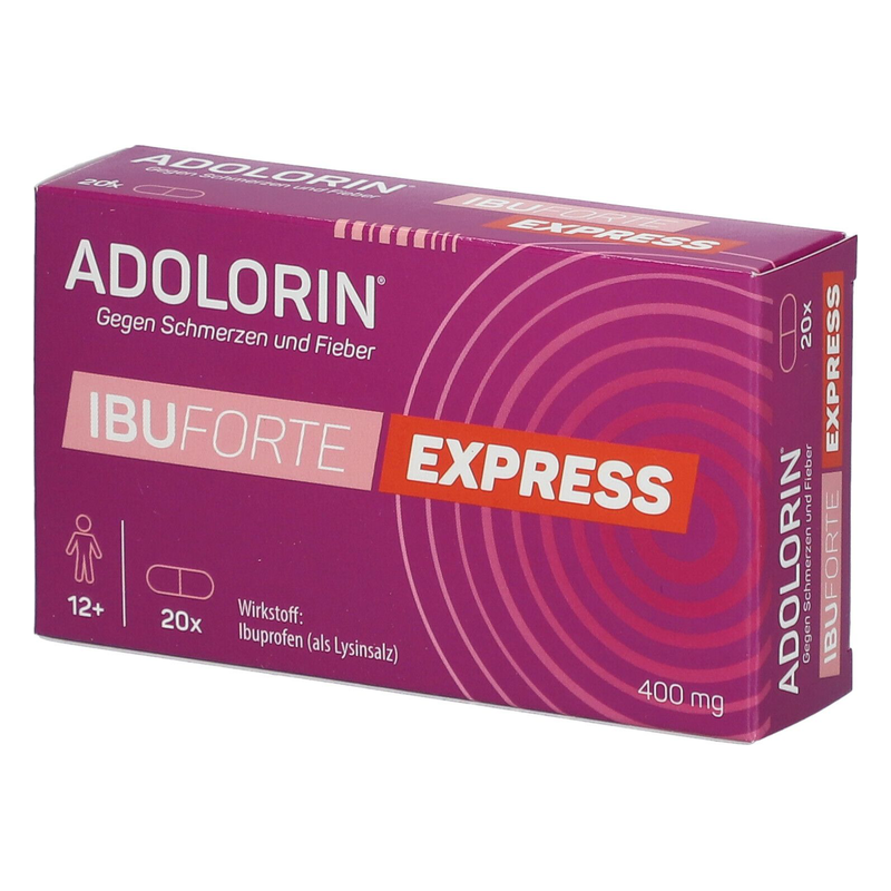 Packung von Adolorin IBUFORTE EXPRESS, 400 mg, gegen Schmerzen und Fieber, enthält 20 Tabletten, für Personen ab 12 Jahren.