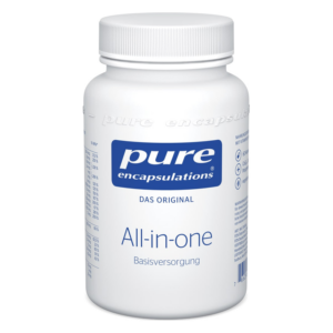 Weißer Kunststoffbehälter mit Schraubverschluss, beschriftet mit "pure encapsulations All-in-one" und Nährstoffangaben.
