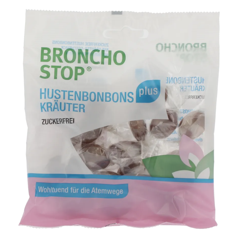 Verpackung von Broncho Stop Hustenbonbons, zuckerfrei, mit Kräutern, transparent mit dunklen Bonbons sichtbar.