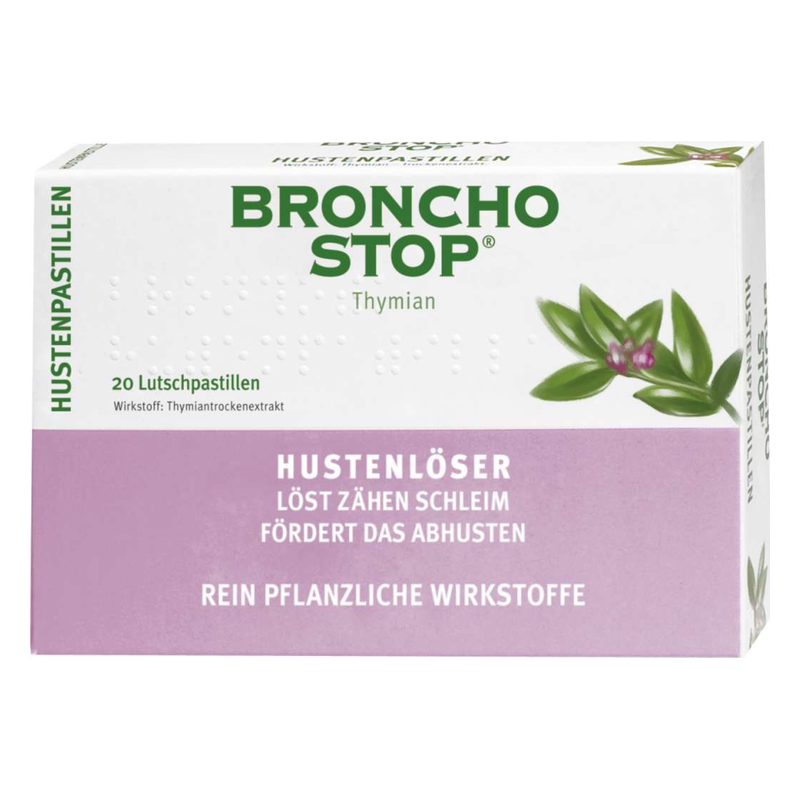 Ver_packung von Broncho Stop Hustenpastillen mit Thymian, die als pflanzlicher Hustenlöser dienen.