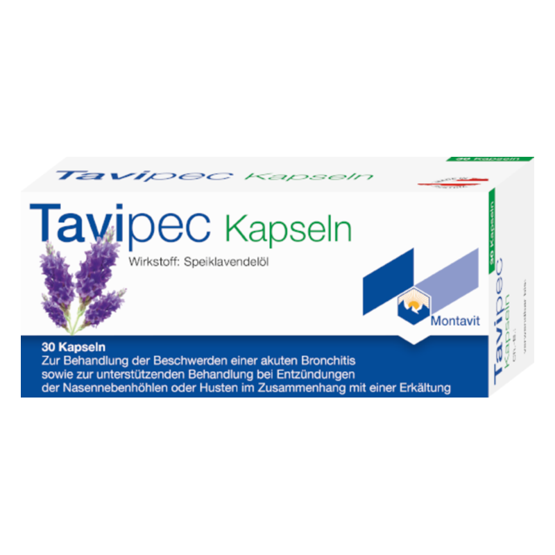 Verpackung von Tavipec-Kapseln mit Lavendelblüten-Illustration, zur Behandlung von Bronchitis und Erkältungen.