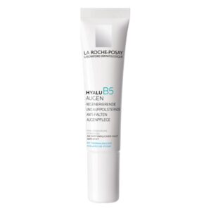 Tube mit Anti-Falten Augenpflege von La Roche-Posay, enthält Hyaluronsäure und Vitamin B5, für empfindliche Haut.
