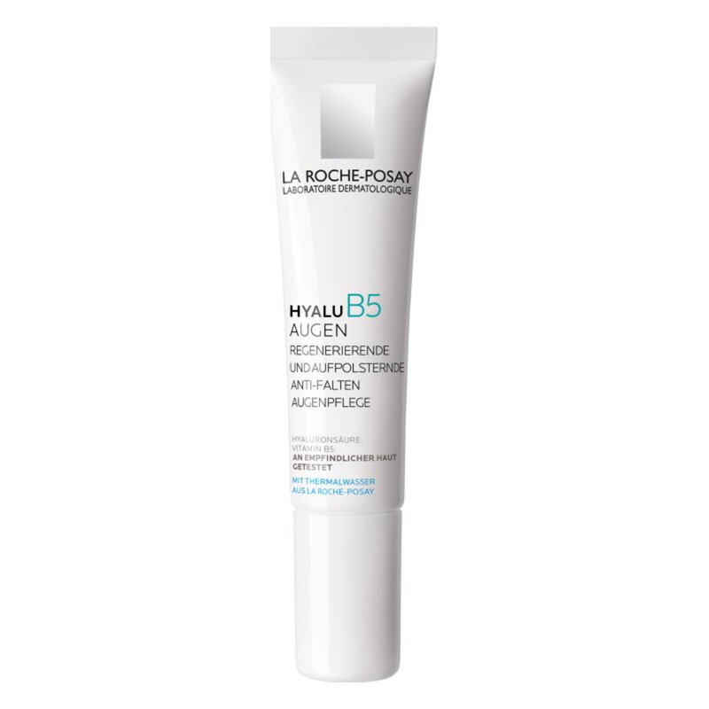 Tube mit Anti-Falten Augenpflege von La Roche-Posay, enthält Hyaluronsäure und Vitamin B5, für empfindliche Haut.