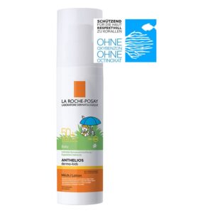 Sonnenschutzlotion für Babys von La Roche-Posay in einem weißen Pumpflakon mit buntem Etikett und kindgerechtem Design.