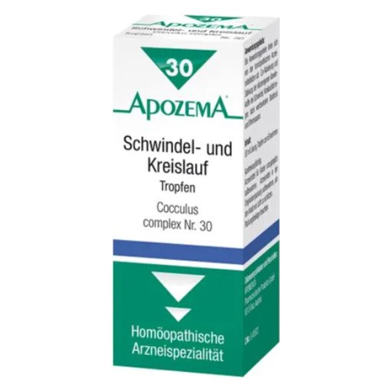 Packung mit homöopathischen Tropfen gegen Schwindel und Kreislauf, mit grüner und blauer Gestaltung.