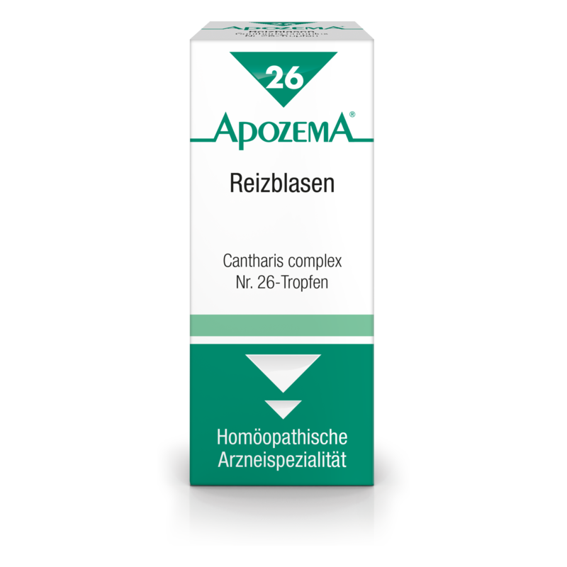 Weißer Karton mit grünen Akzenten, beschriftet mit "ApozeMA Reizblasen Cantharis complex Nr. 26-Tropfen".