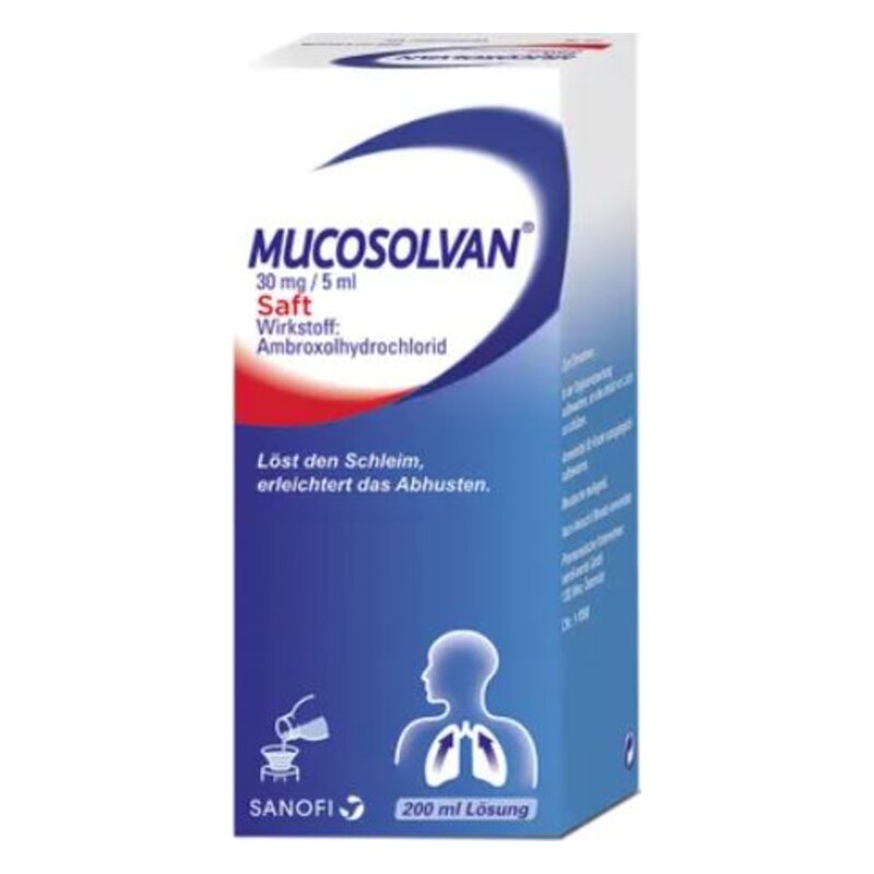 Verpackung von MUCOSOLVAN Saft, 200 ml Lösung mit Angaben zu Wirkstoff und Anwendung.
