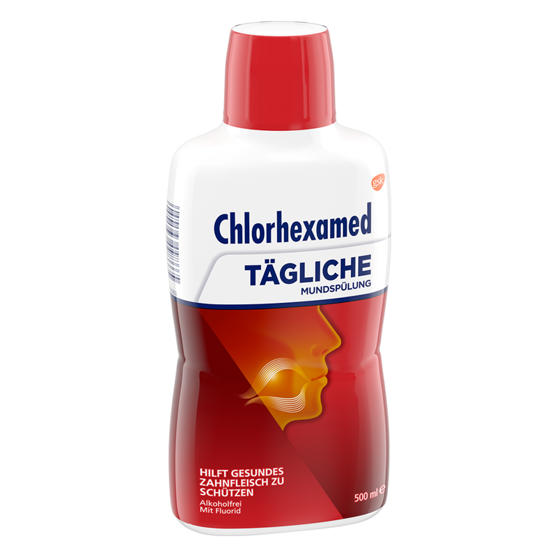 Flasche Chlorhexamed tägliche Mundspülung, 500 ml, mit rotem Deckel und Hinweis auf алкогольfrei und Fluorid.