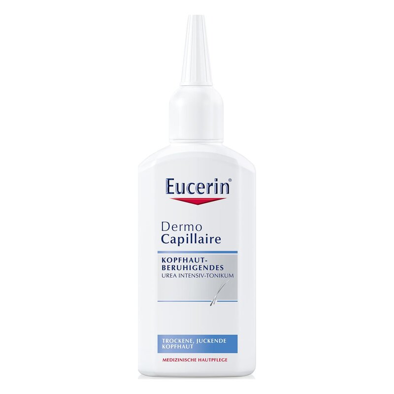 Flasche mit Eucerin Dermo Capillaire, ein intensiv beruhigendes Tonikum für trockene und juckende Kopfhaut.