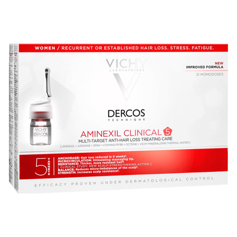 Verpackung von Vichy Dercos Aminexil Clinical 5, einem Haarpflegeprodukt für Frauen gegen Haarausfall, mit Beschreibung der Hauptinhaltsstoffe und Anwendung.
