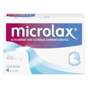 Packung von Microlax, einem Produkt für schonende und schnelle Darmentleerung, mit vier 5 ml Mikroklistier-Einheiten.