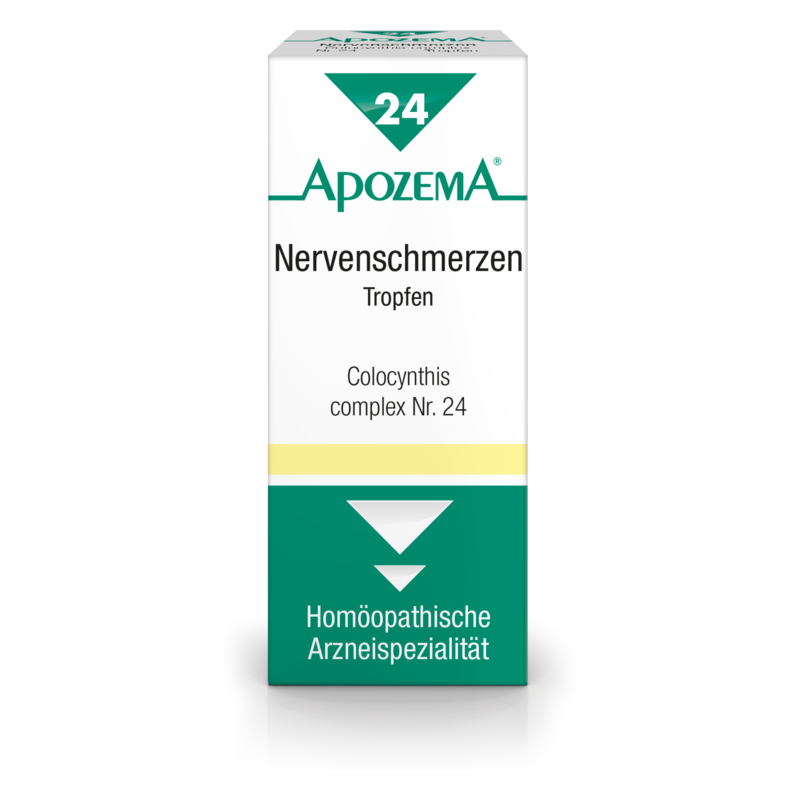 Packung für homöopathische Tropfen gegen Nervenschmerzen, mit grünem und weißem Design sowie gelber Markierung.