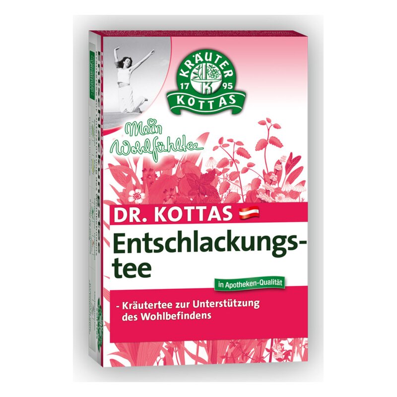 Verpackung des Dr. Kottas Entschlackungstees mit Kräutermotiven und Hinweis zur Unterstützung des Wohlbefindens.
