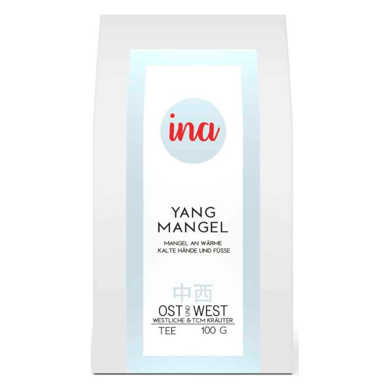 Teeverpackung für "Yang Mangel" mit Beschreibung von kalten Händen und Füßen, im modernen Design.