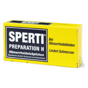 Gelbe Verpackung von Sperti Preparation H mit Hinweisen zu Hämorrhoidalzäpfchen und Schmerzlinderung.