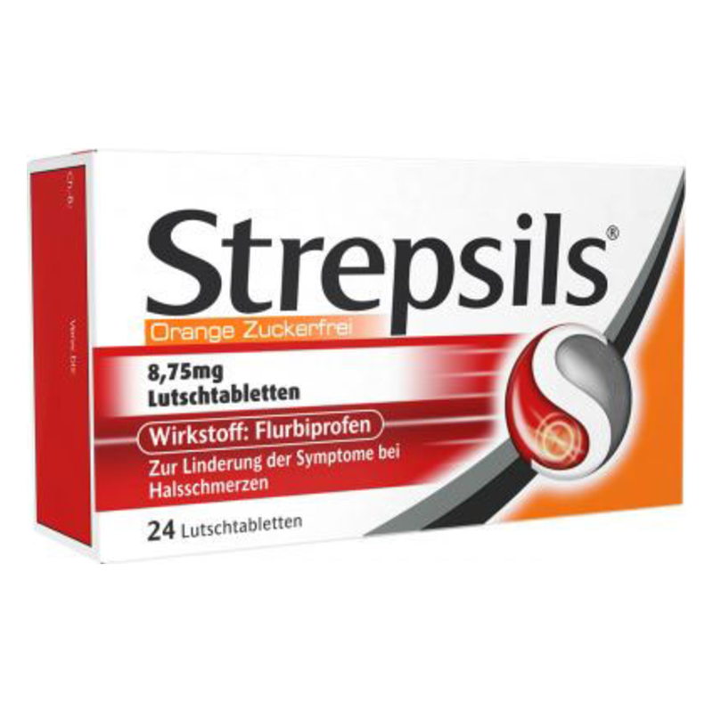 Packung Strepsils zuckerfreie Lutschtabletten mit Flurbiprofen zur Linderung von Halsschmerzen, orangefarben.