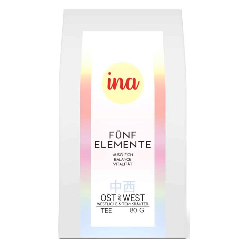 Teeverpackung mit dem Titel "Fünf Elemente", betont Balance und Vitalität, in buntem, minimalistischen Design.