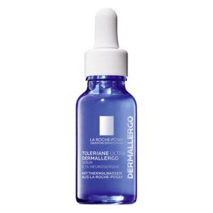 Transparente Flasche mit Blaufärbung und Pipette, enthält Toleriane Ultra Dermallergo Serum von La Roche-Posay.