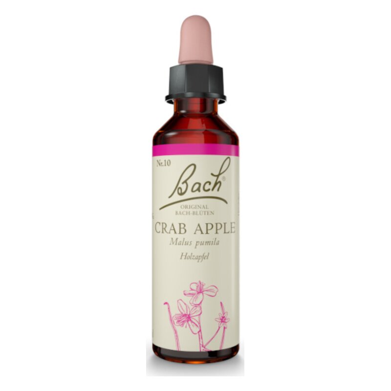 Braune Flasche mit Pipette, etikettiert mit "Bach Crab Apple" und rosa Details.