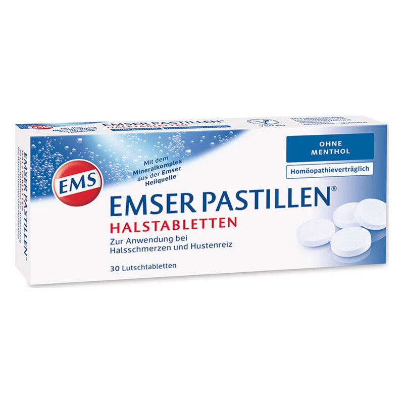 Verpackung der Emser Pastillen, Halstabletten zur Linderung von Halsschmerzen und Hustenreiz, ohne Menthol.