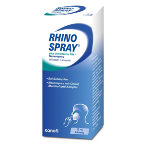 Verpackung von RHINO SPRAY, einem Nasenspray mit ätherischen Ölen zur Linderung von Schnupfen.