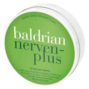 Runde Dose mit dem Aufdruck 'baldrian nerven-plus', enthält überzogene Tabletten zur Beruhigung bei Nervosität.