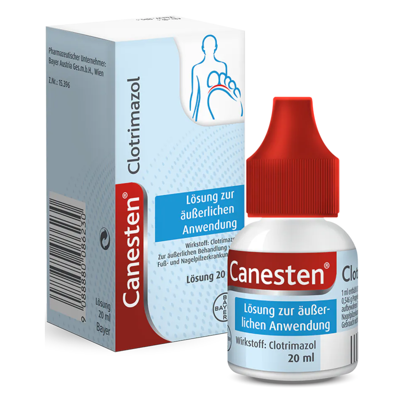 Flasche mit Canesten-Lösung zur äußerlichen Anwendung, 20 ml, für die Behandlung von Fuß- und Nagelpilzerkrankungen.