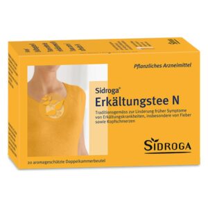 Packung Sidroga Erkältungstee N zur Linderung von Erkältungssymptomen, orangefarbene Verpackung mit Informationen zur Anwendung.