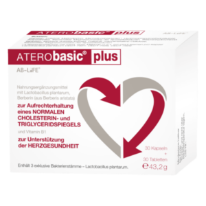 Packung von ATERObasic plus, einem Nahrungsergänzungsmittel zur Unterstützung der Herzgesundheit mit Kapseln und Tabletten.