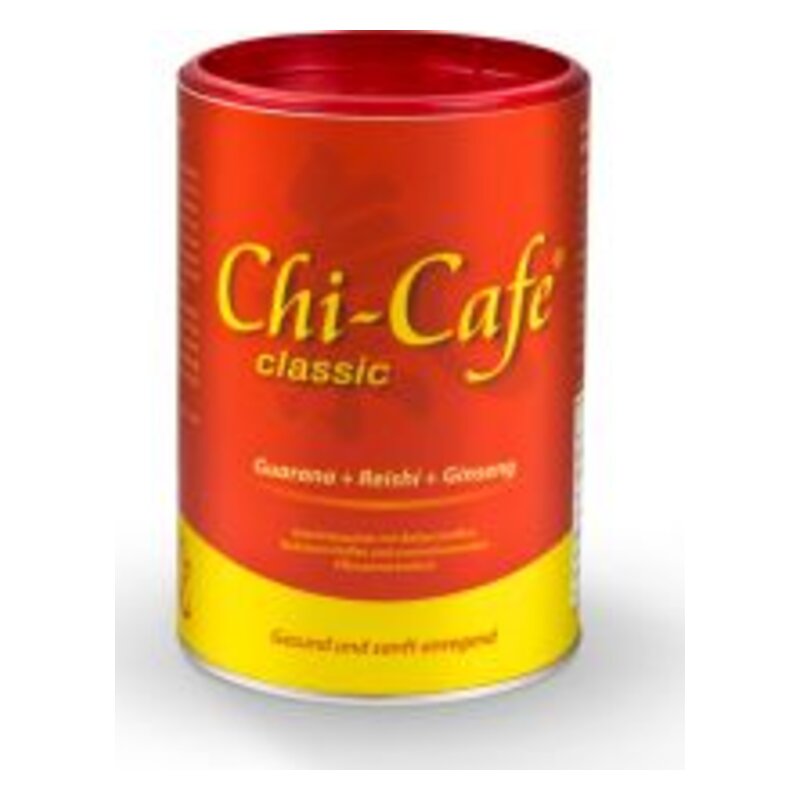 Rote Dose mit Deckel, beschriftet mit "Chi-Cafe classic", enthält koffeinreiche Mischung.