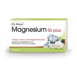 Packung mit Dr. Böhm Magnesium 50 plus, enthält Knoblauch und ist für die Bedürfnisse ab 50 Jahren konzipiert.