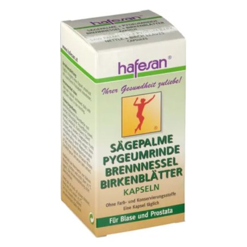 Kapselverpackung mit Sägepalme, Pygeumrinde, Brennnessel und Birkenblätter für Blase und Prostata.