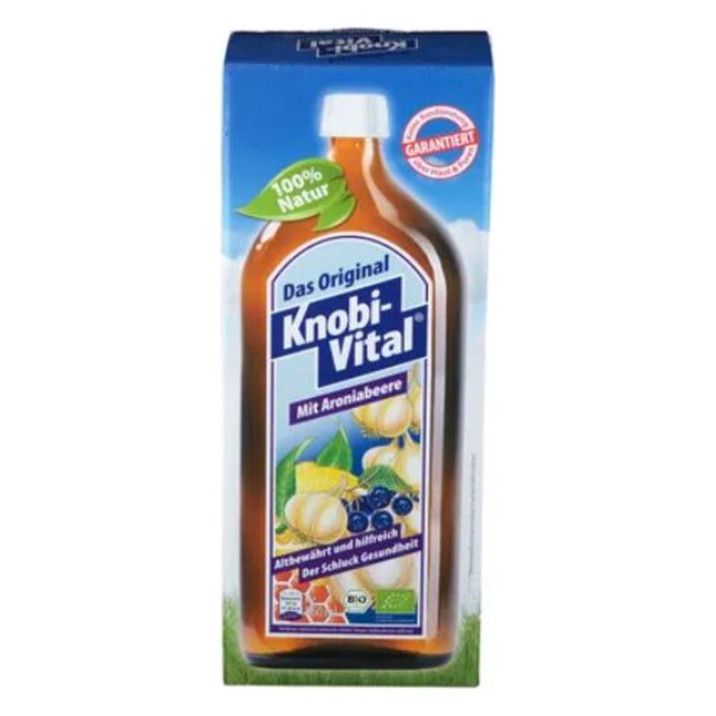 Flasche Knobi-Vital mit Aroniasaft, präsentiert auf blauem Hintergrund, mit Gesundheitsinformationen und Bio-Siegel.