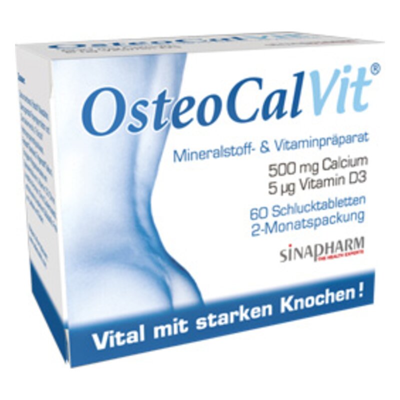 Verpackung des Nahrungsergänzungsmittels OsteoCalVit mit 500 mg Calcium und 5 µg Vitamin D3 für starke Knochen.